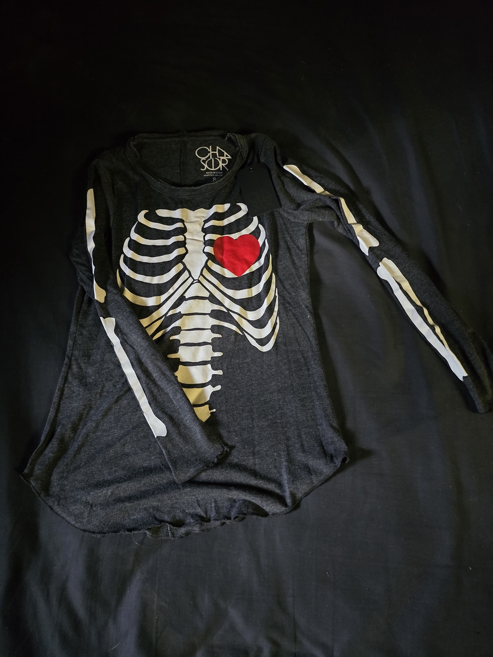Chaser Black Long-Sleeve Tee with White Skeleton and Red Heart